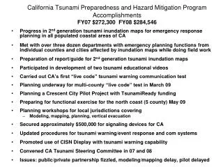 California Tsunami Preparedness and Hazard Mitigation Program FY 09 Funding Request ($619,268)