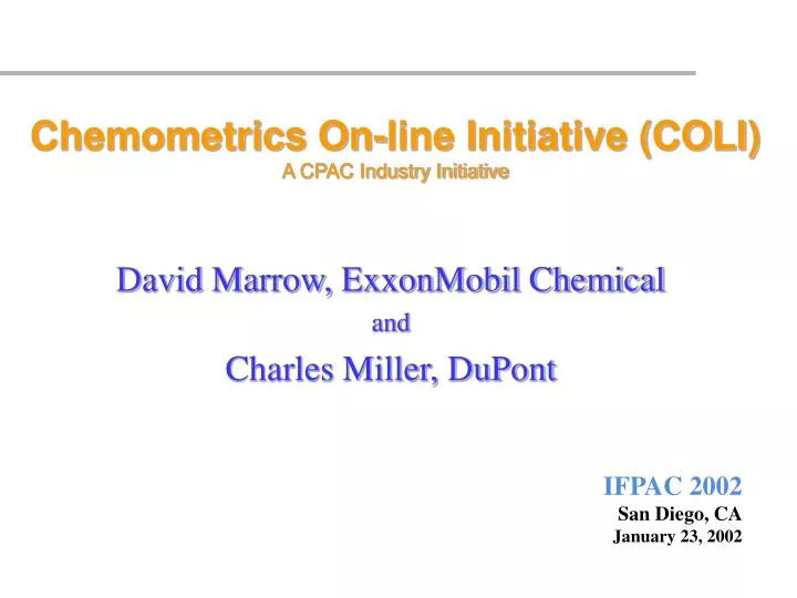chemometrics on line initiative coli a cpac industry initiative