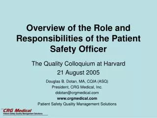Overview of the Role and Responsibilities of the Patient Safety Officer