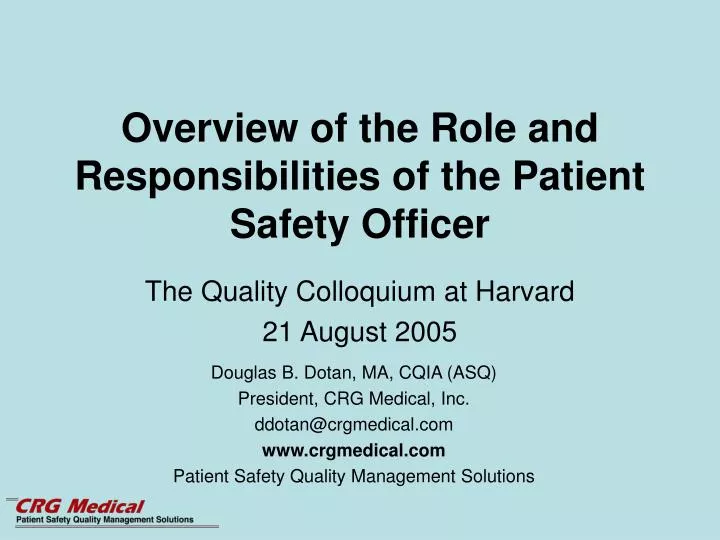 overview of the role and responsibilities of the patient safety officer