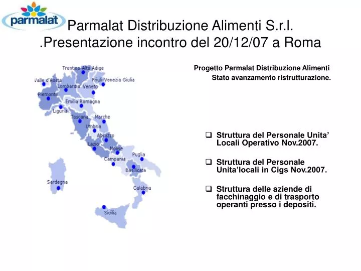 parmalat distribuzione alimenti s r l presentazione incontro del 20 12 07 a roma