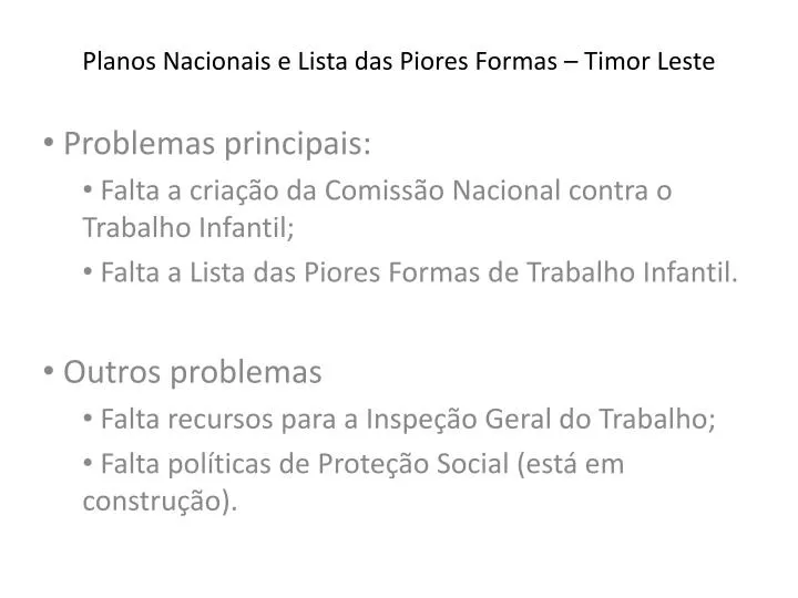 planos nacionais e lista das piores formas timor leste