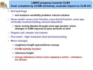 LMWG progress towards CLM4 Goal: complete by CCSM workshop; evaluate impact on CLM-CN