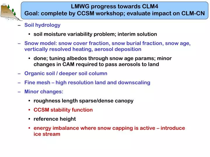 lmwg progress towards clm4 goal complete by ccsm workshop evaluate impact on clm cn