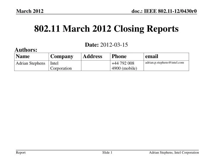 802 11 march 2012 closing reports