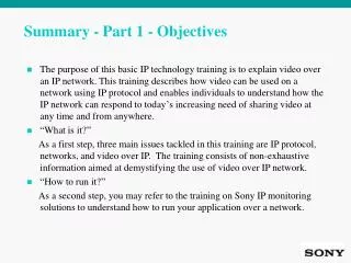 Summary - Part 1 - Objectives