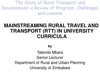 The State of Rural Transport and Development: a Review of Progress, Challenges and Lessons