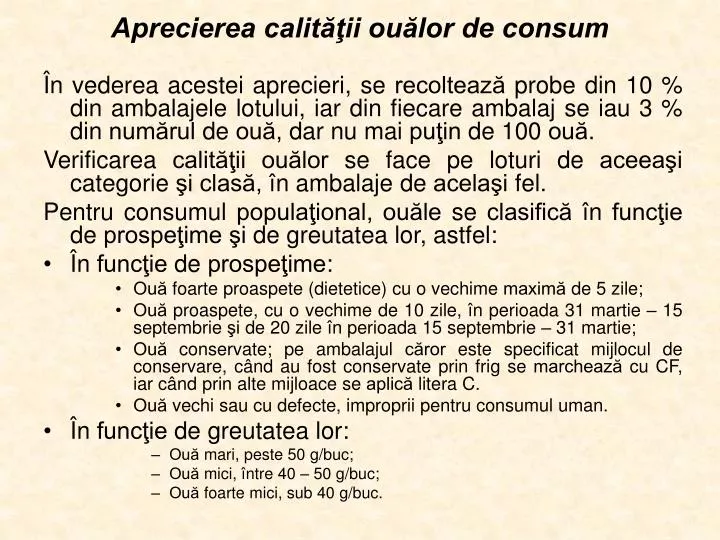 aprecierea calit ii ou lor de consum