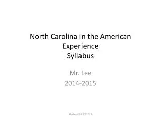 North Carolina in the American Experience Syllabus