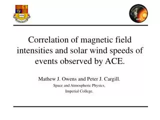 Correlation of magnetic field intensities and solar wind speeds of events observed by ACE.