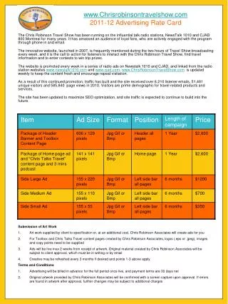 Chrisrobinsontravelshow 2011-12 Advertising Rate Card