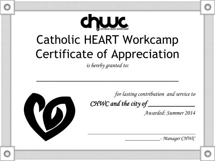 catholic heart workcamp certificate of appreciation