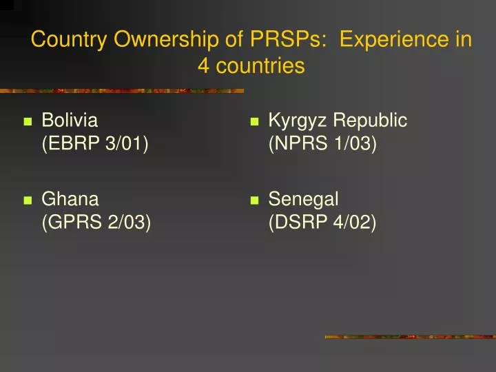 country ownership of prsps experience in 4 countries