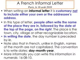 A French Informal Letter Paris, le 16 août 2010
