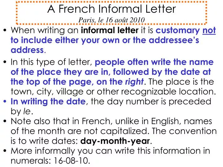 a french informal letter paris le 16 ao t 2010