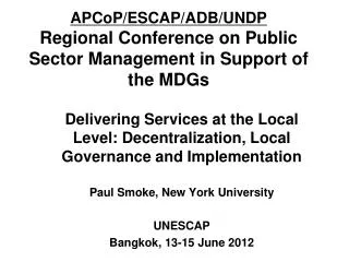 APCoP/ESCAP/ADB/UNDP Regional Conference on Public Sector Management in Support of the MDGs