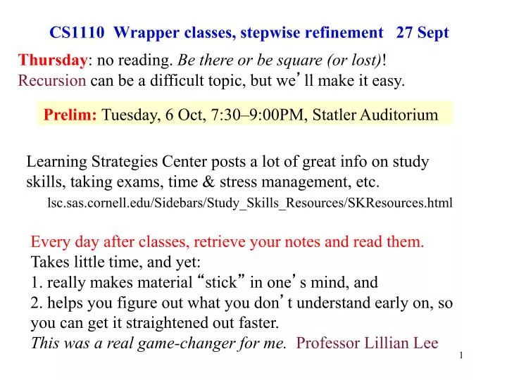 cs1110 wrapper classes stepwise refinement 27 sept