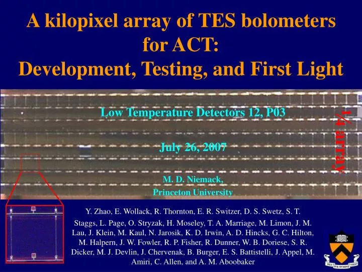 a kilopixel array of tes bolometers for act development testing and first light