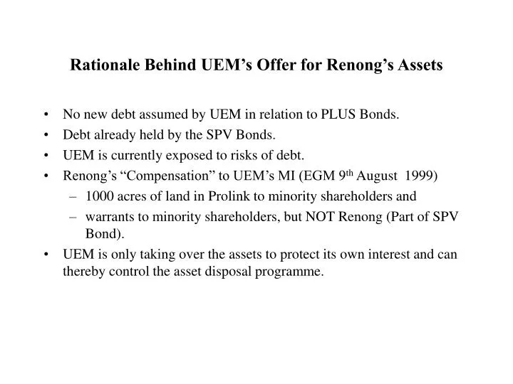 rationale behind uem s offer for renong s assets