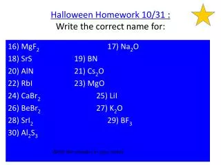 Halloween Homework 10/31 : Write the correct name for: