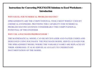 Instructions for Converting POLYMATH Solutions to Excel Worksheets - Introduction