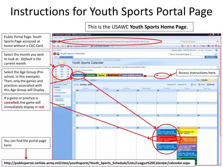 instructions for youth sports portal page