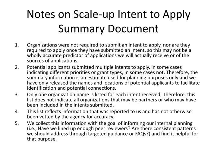 notes on scale up intent to apply summary document
