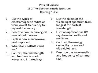 Physical Science 18.2 The Electromagnetic Spectrum Reading Guide