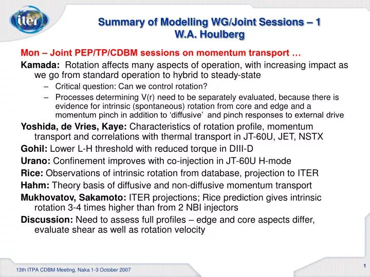 summary of modelling wg joint sessions 1 w a houlberg