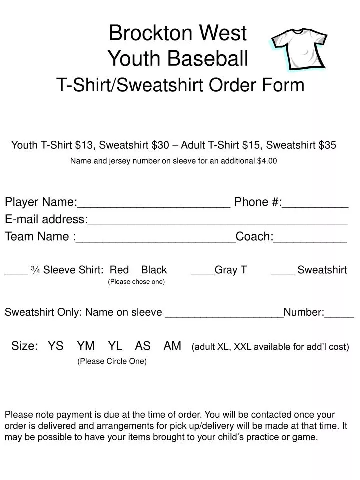 brockton west youth baseball t shirt sweatshirt order form