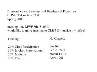 Biomembranes: Structure and Biophysical Properties CHM 6304 section 5731 Spring 2006