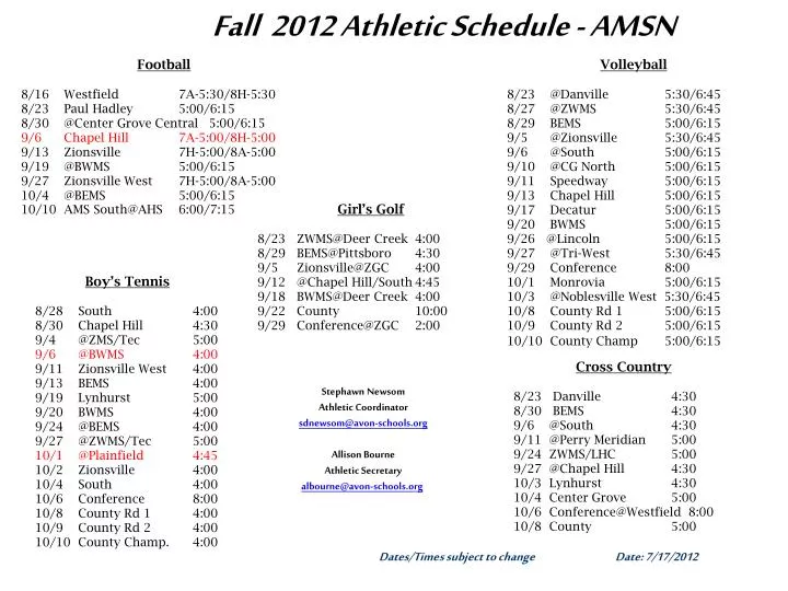 fall 2012 athletic schedule amsn
