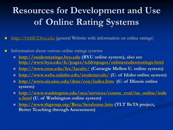 resources for development and use of online rating systems