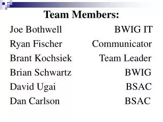 Team Members: Joe Bothwell BWIG IT Ryan Fischer Communicator