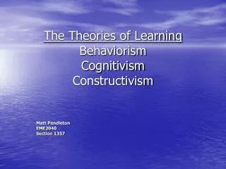 The Theories of Learning Behaviorism Cognitivism Constructivism