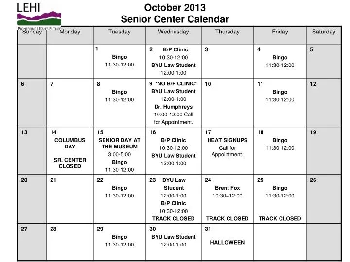 october 2013 senior center calendar