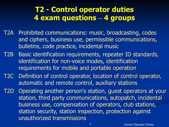 t2 control operator duties 4 exam questions 4 groups