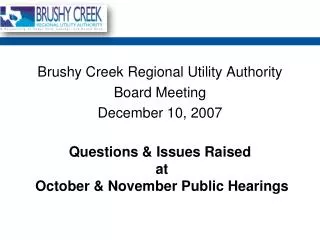 Questions &amp; Issues Raised at October &amp; November Public Hearings