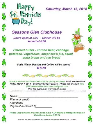 Seasons Glen Clubhouse Doors open at 5:30 - Dinner will be served at 6:00
