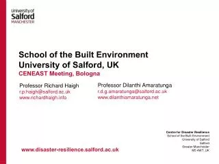 School of the Built Environment University of Salford, UK CENEAST Meeting, Bologna
