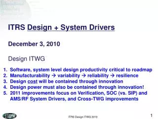 ITRS Design + System Drivers December 3, 2010 Design ITWG
