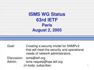 ISMS WG Status 63rd IETF Paris August 2, 2005