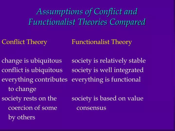 assumptions of conflict and functionalist theories compared