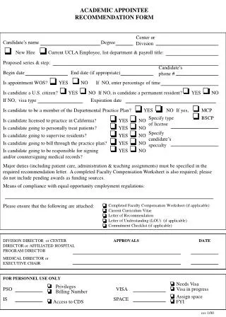 ACADEMIC APPOINTEE RECOMMENDATION FORM