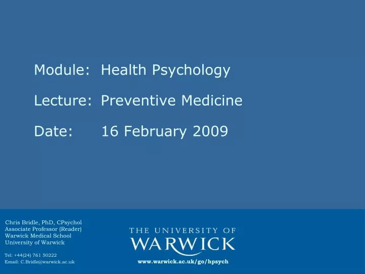 module health psychology lecture preventive medicine date 16 february 2009