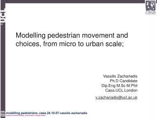 Modelling pedestrian movement and choices, from micro to urban scale;