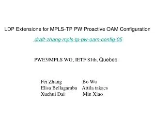 LDP Extensions for MPLS-TP PW Proactive OAM Configuration draft-zhang-mpls-tp-pw-oam-config-05