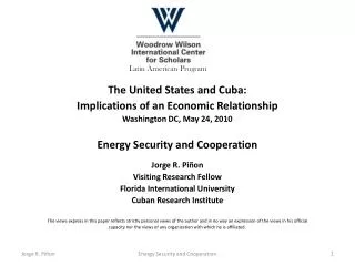 Latin American Program The United States and Cuba: Implications of an Economic Relationship