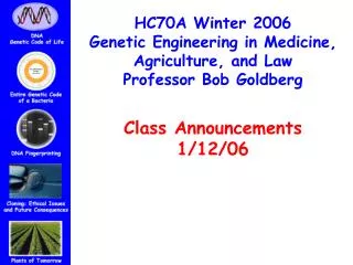 HC70A Winter 2006 Genetic Engineering in Medicine, Agriculture, and Law Professor Bob Goldberg