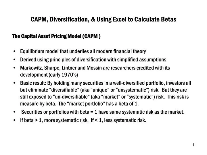 capm diversification using excel to calculate betas